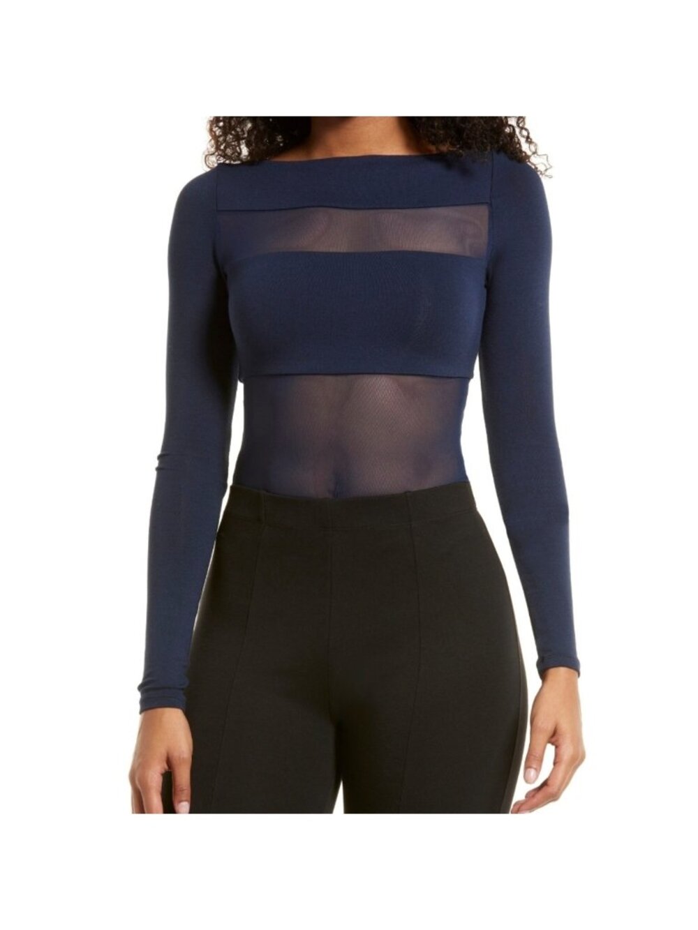 NWT Naked Wardrobe‎ - XS The NW Mesh It Up Long Sleeve Mesh Bodysuit Navy Blue